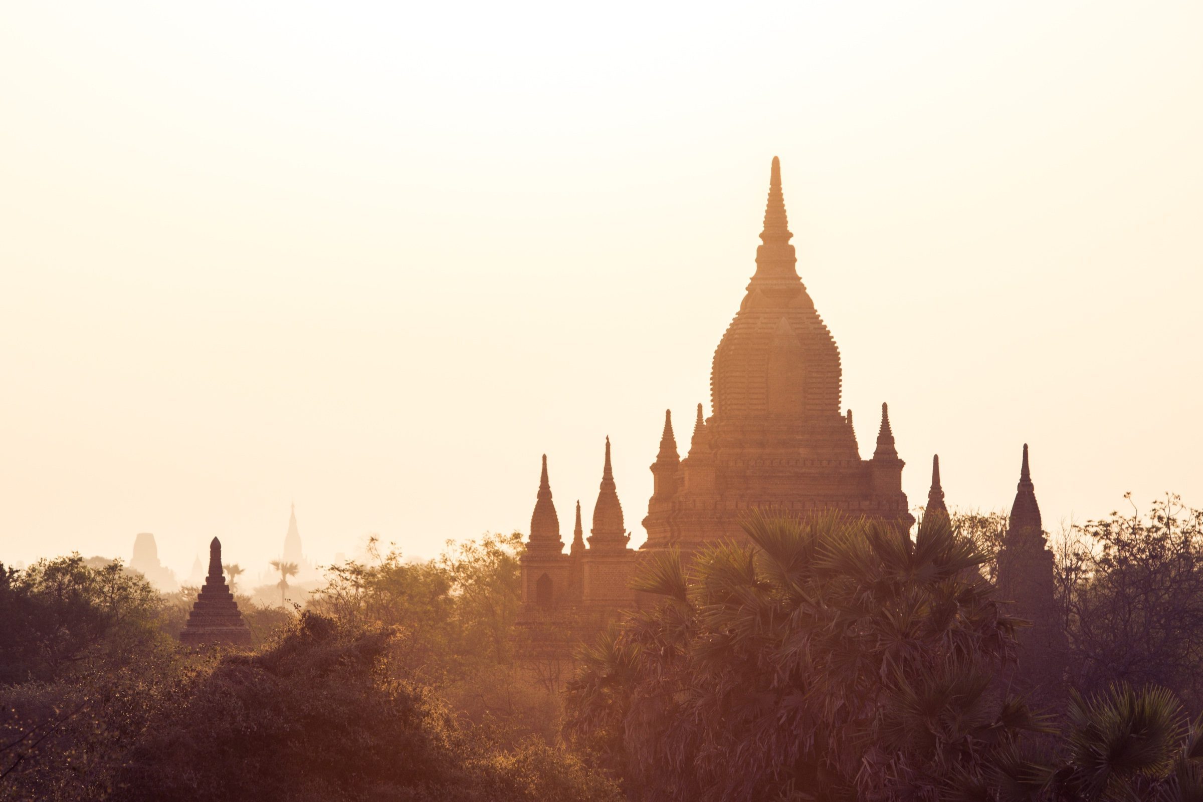 Pagoda spire rising above the treeline in golden haze, Bagan, Myanmar
