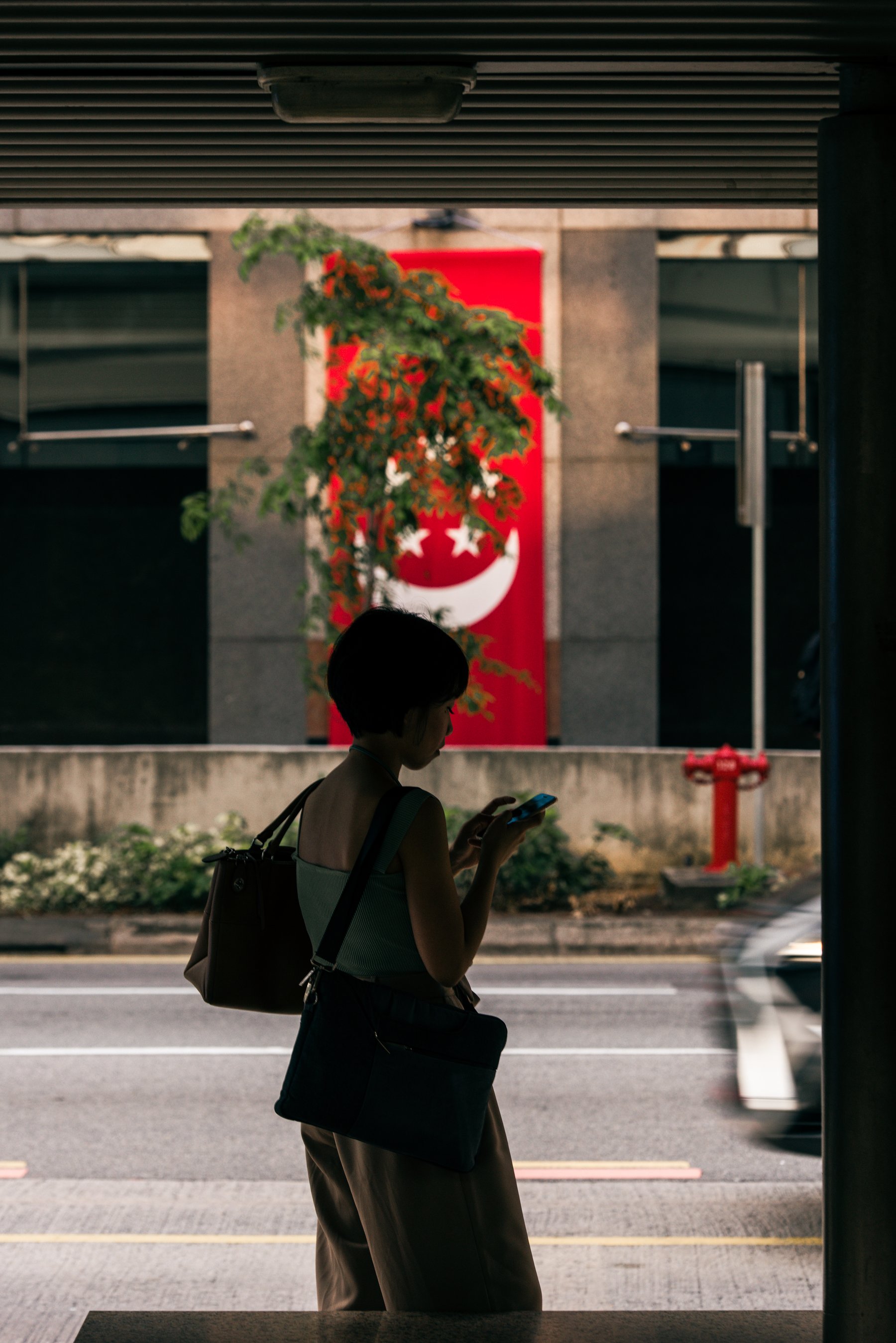女子剪影与背景新加坡国旗