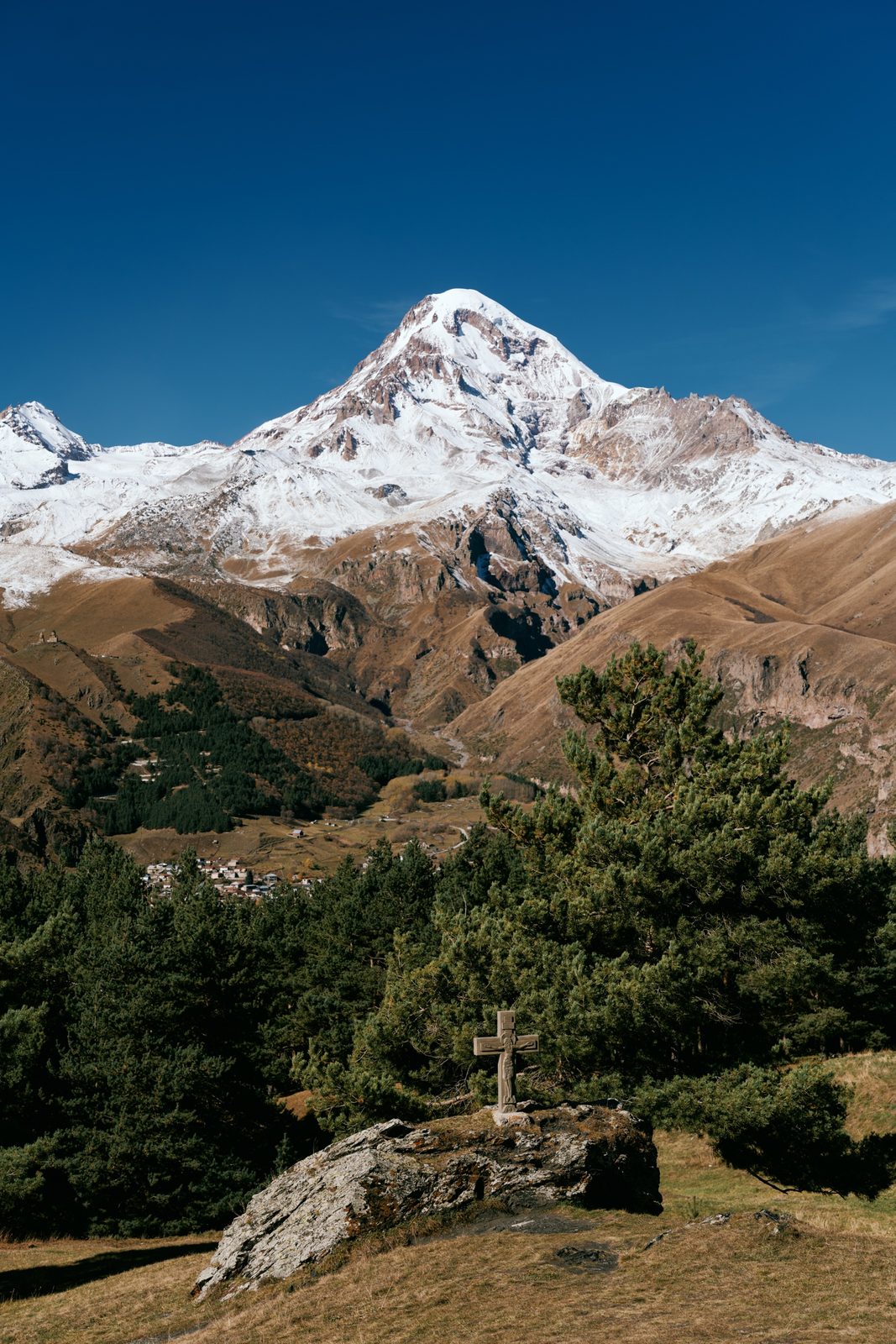 Snow-covered Mount Kazbek above pine trees and autumn slopes, Georgia