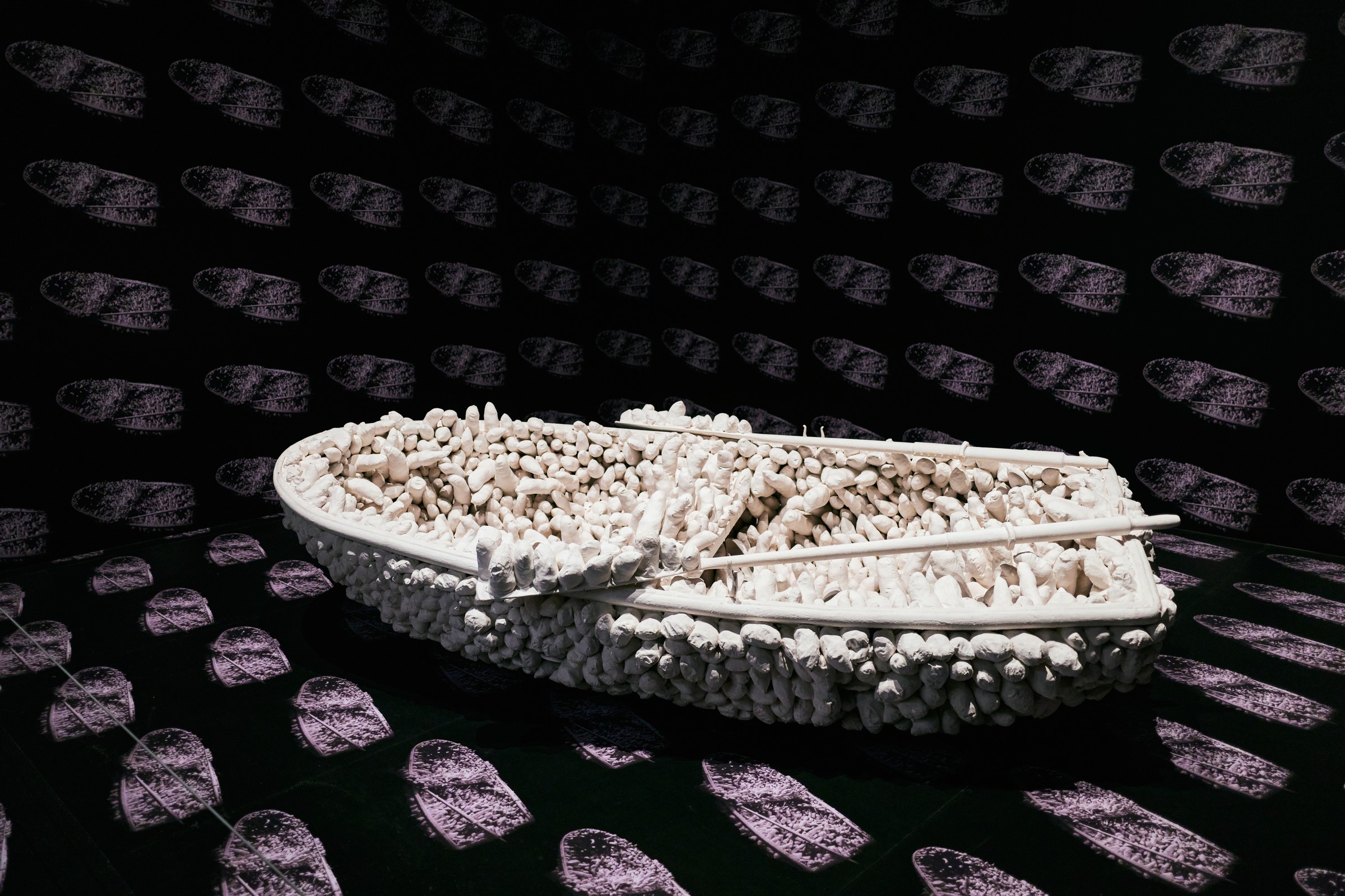 Aggregation: One Thousand Boats Show (1963), a white boat covered in soft protrusions, Stedelijk Museum Amsterdam