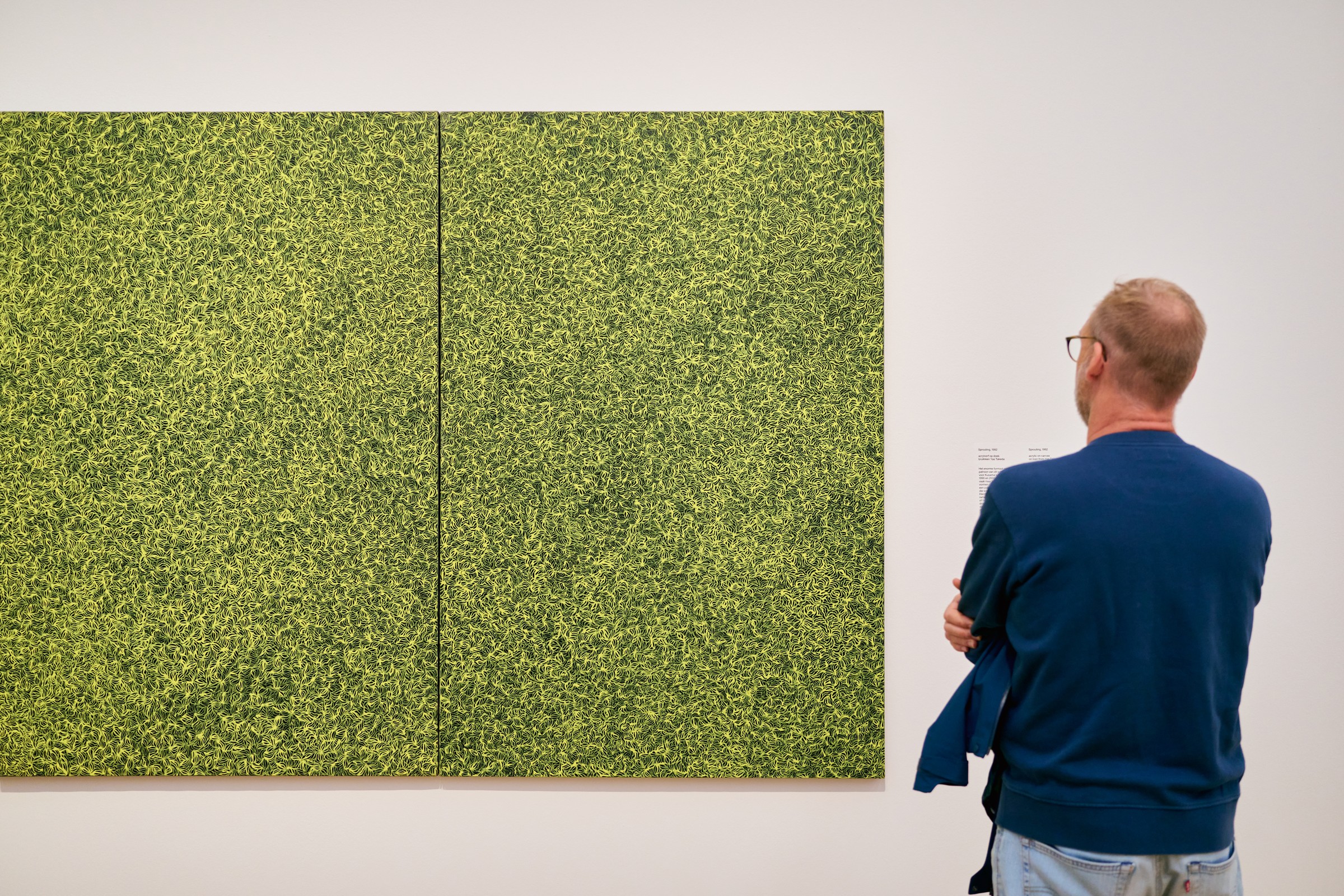 Visitor viewing a green-and-yellow net-patterned diptych