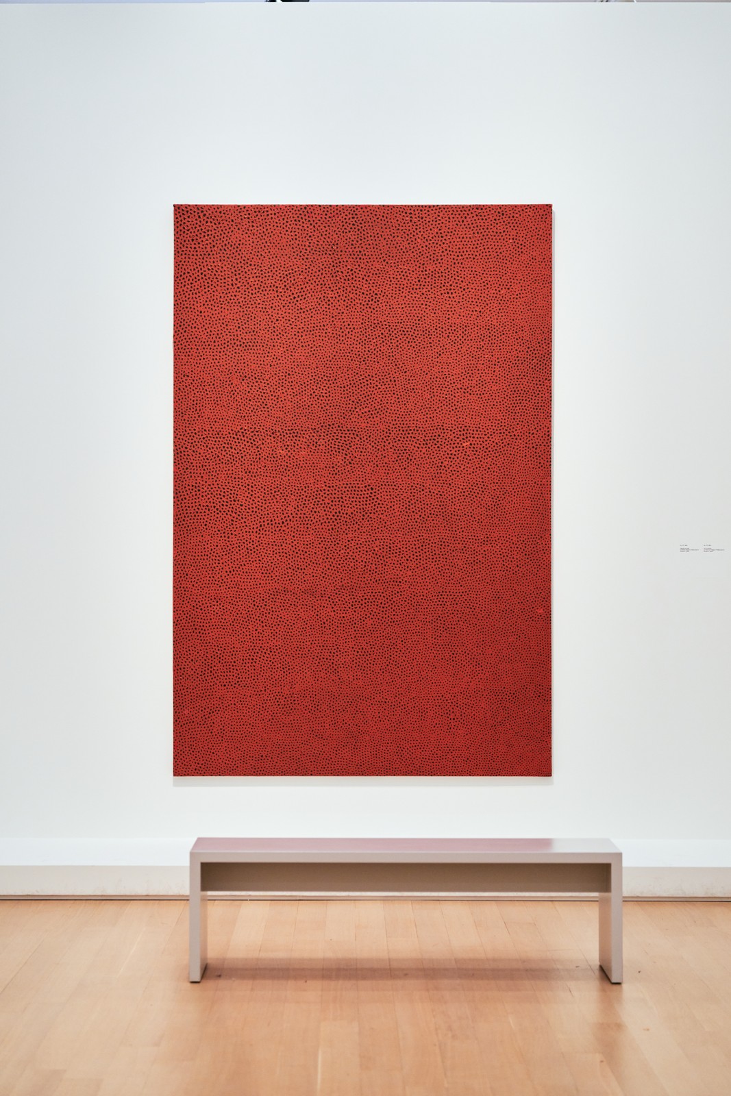Large red Infinity Net painting above a gallery bench