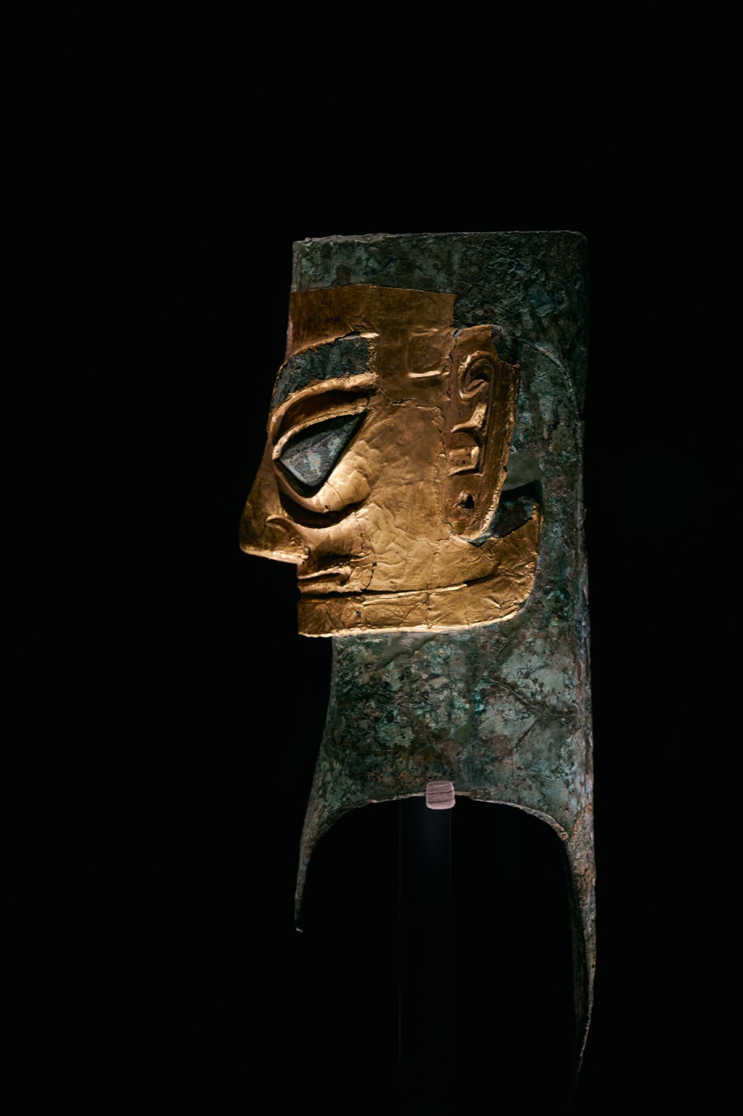 Gold-faced bronze head in profile, Sanxingdui Museum, Guanghan, China